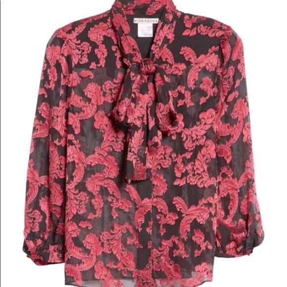 NWT Alice + Olivia Jeannie Bow Silk Burnout Blouse in Show me love wild pink - Picture 9 of 10